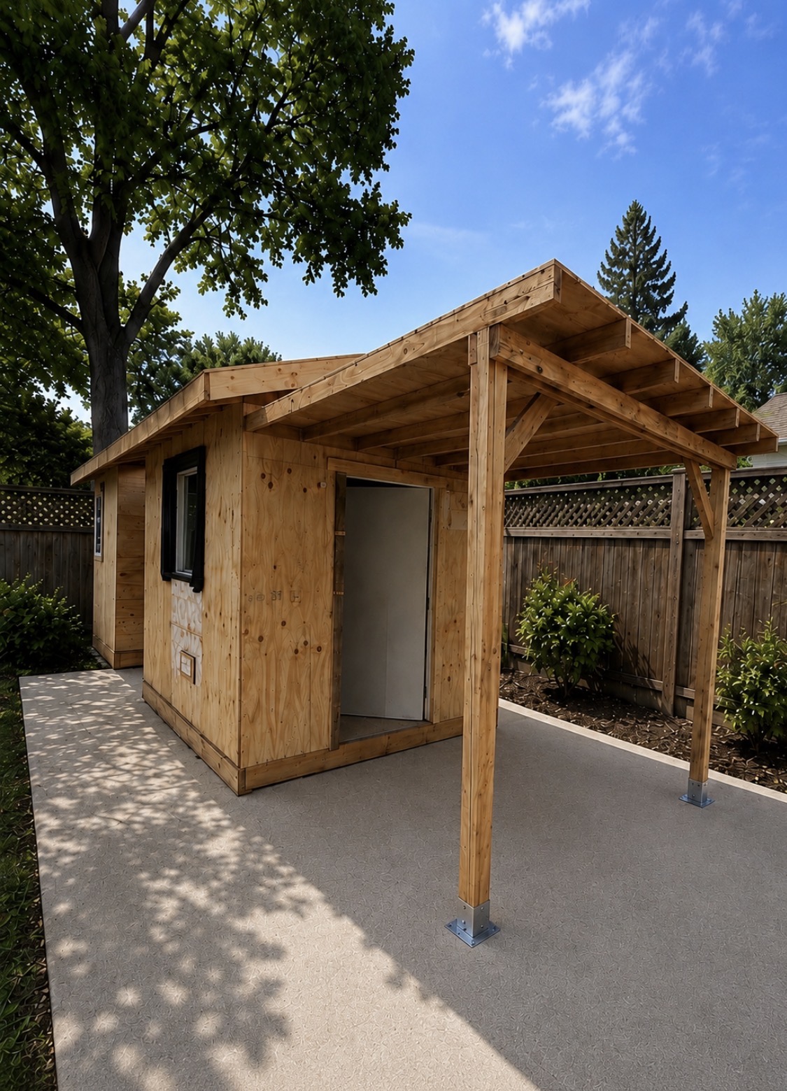 Custom shed under construction with cedar roof overhang and posts
